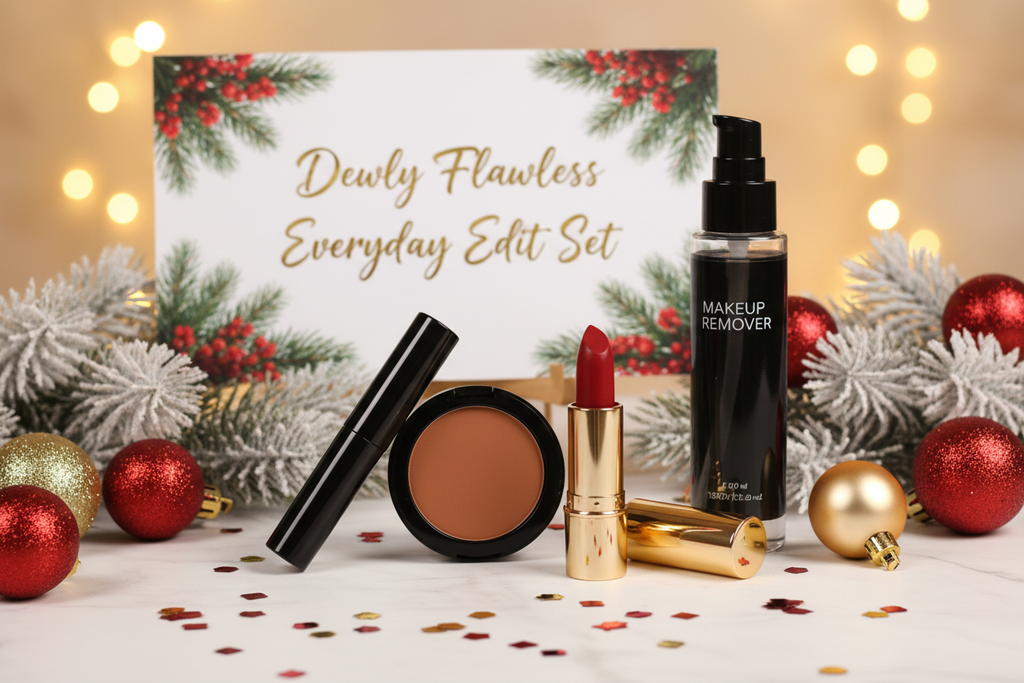 Create a christmas theme image that Also have the following words on the Image : Dewly Flawless Everyday Edit Set. In the image should be a concealer stick with a black top, a bronzer but a one tone bronzer not a devided one, a creme lipstick and a make up remover in a black see through bottle