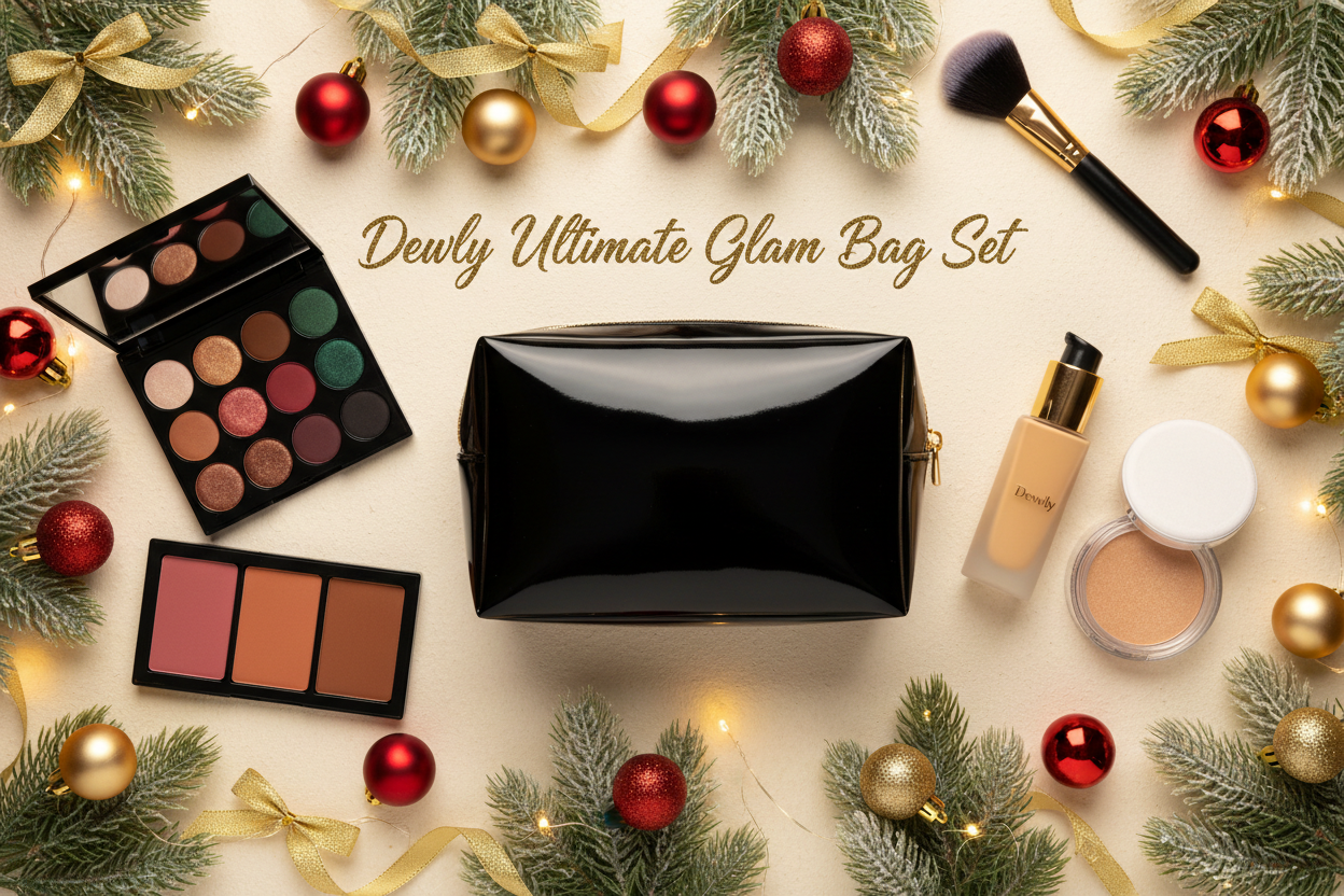 Create a Chritmas Thema image with the following words in the image : Dewly Ultimate Glam Bag Set. Included in the Image should be a black Make up bag,Make sure the eye shadow palette is A 6-pan eyeshadow palette, and that the pro cheek palette is a 3-pan pro cheek palette (that has a blush, bronzer and Highlighter in), Foundation, Transluscent Finishing Powder and A crease brush