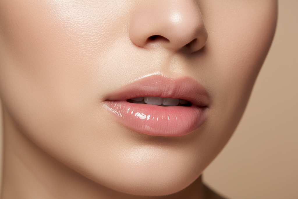 create a close up image of a model with flawless skin but with very juicy light pink lips