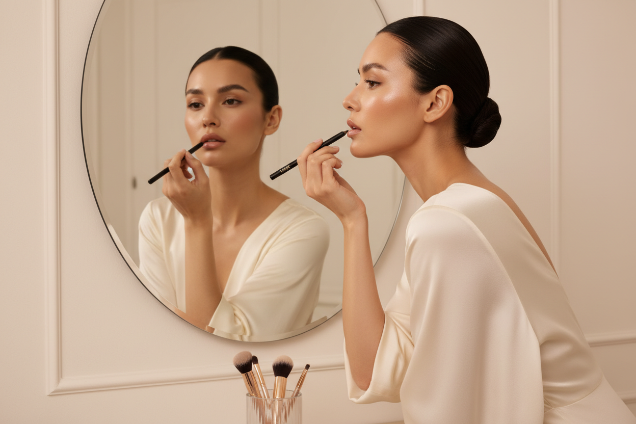 Create a image where a model is standing with one of my branded foundation in her hand please make sure the product have my original logo on from my shop
