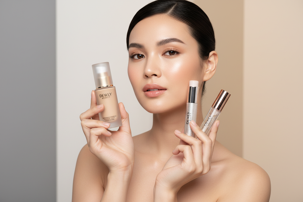 create a image where the model is standig with the Dewly Beauty Foundation, hIghlighter stick & lip oil in her hands