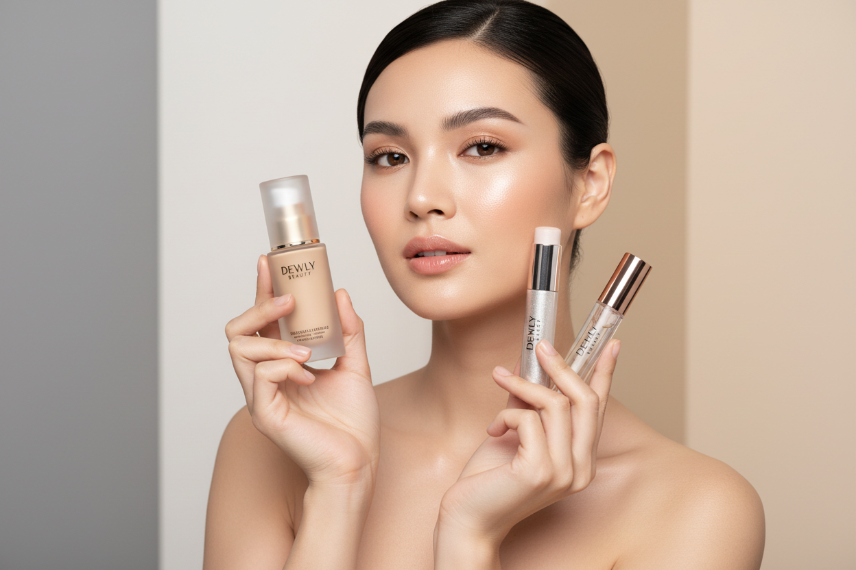 create a image where the model is standig with the Dewly Beauty Foundation, hIghlighter stick & lip oil in her hands