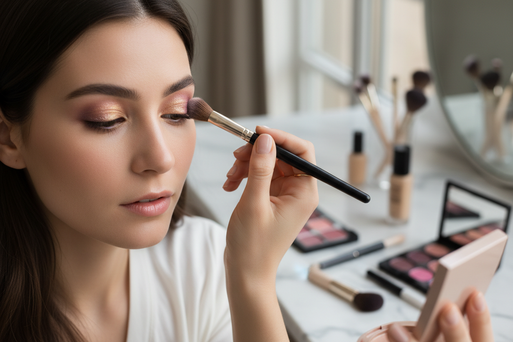 create a photo where a model is busy applying eyeshadow