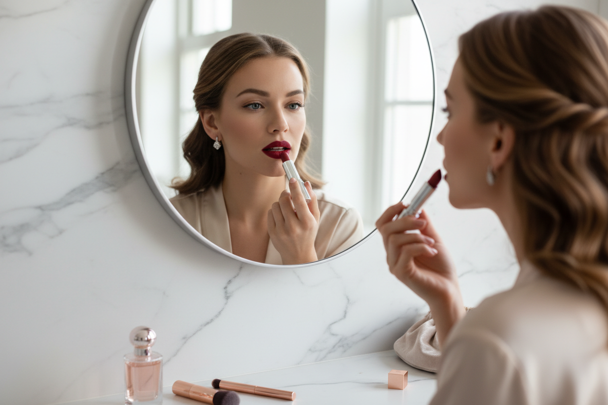 Generate a image of a model putting on lipstick in a mirror 