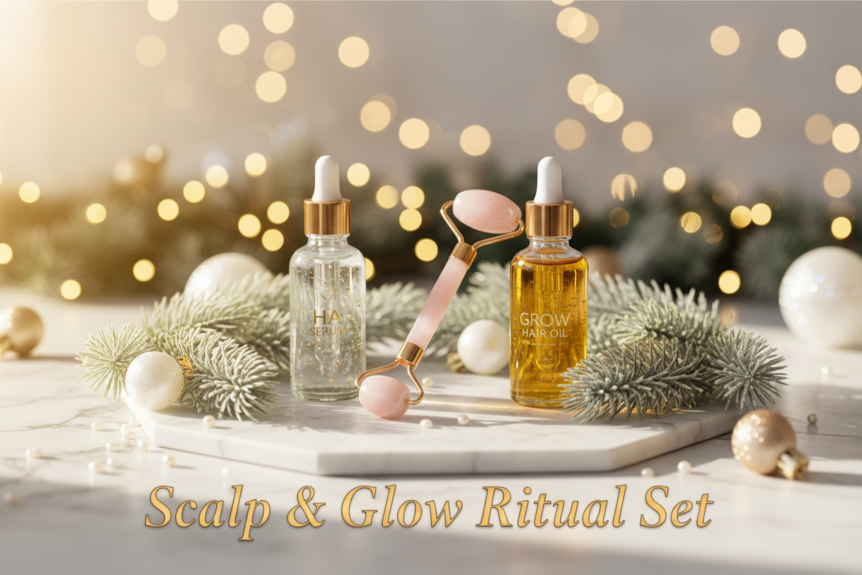 Please create a christmas theme image for a Scalp & Glow Ritual Set if you can add that wording to the image as well. In the image should be HA Serum, a Rose Quartz Roller and Grow Hair Oil