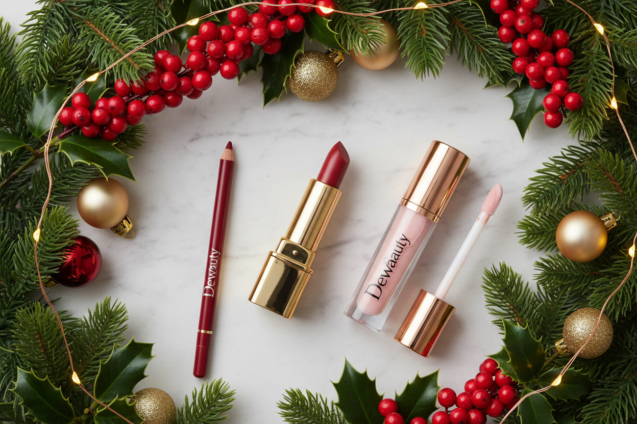 Please create a Christmas theme image. In the image should be a creme lipstick, a lip liner in red and a lip oil, but the lip oil should have the same form as a lip gloss. please no glitters with the lip oil as I do not sell any glitters. Can you make the lip oil light pink. Also if you can please add my logo die black wording or black logo to the products.