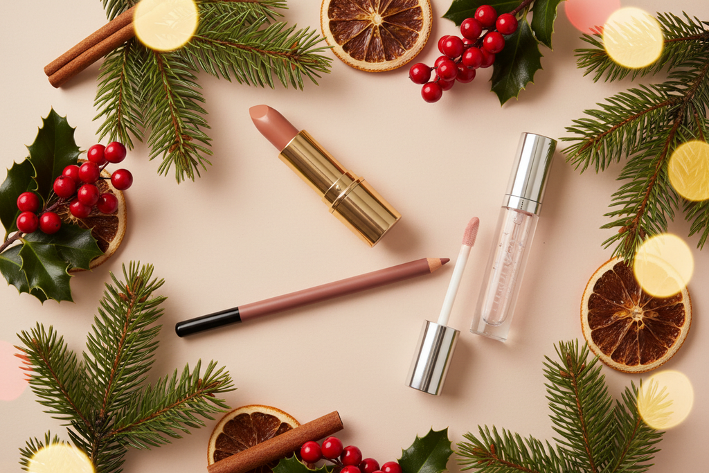 Please create a Christmas theme image. In the image should be a creme lipstick, a mauve lip liner and a light pink lip oil, but the lip oil should have the same form as a lip gloss. please no glitters with the lip oil as I do not sell any glitters. 